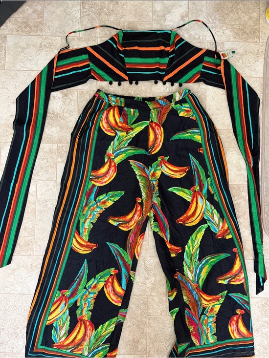 FARM Rio Pants - FARM Rio Black Wide Leg Pants & Halter Set with Multicolor Banana & Leaf Print